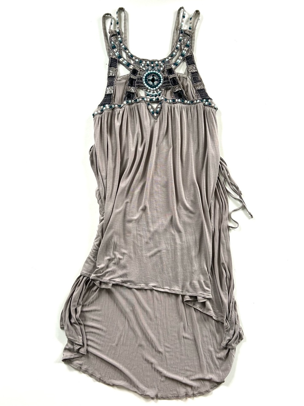 Free People Vision Quest Light Grey Knit Beaded Embroidered Maxi Tunic Top